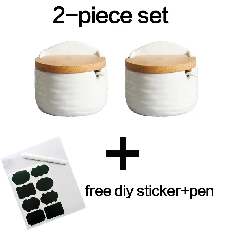 Kitchen Spice Rack Ceramic Wooden Lid Bamboo Tray Base Seasoning Pot Tool Porcelain Storage Container Set Convenient Salt Pepper