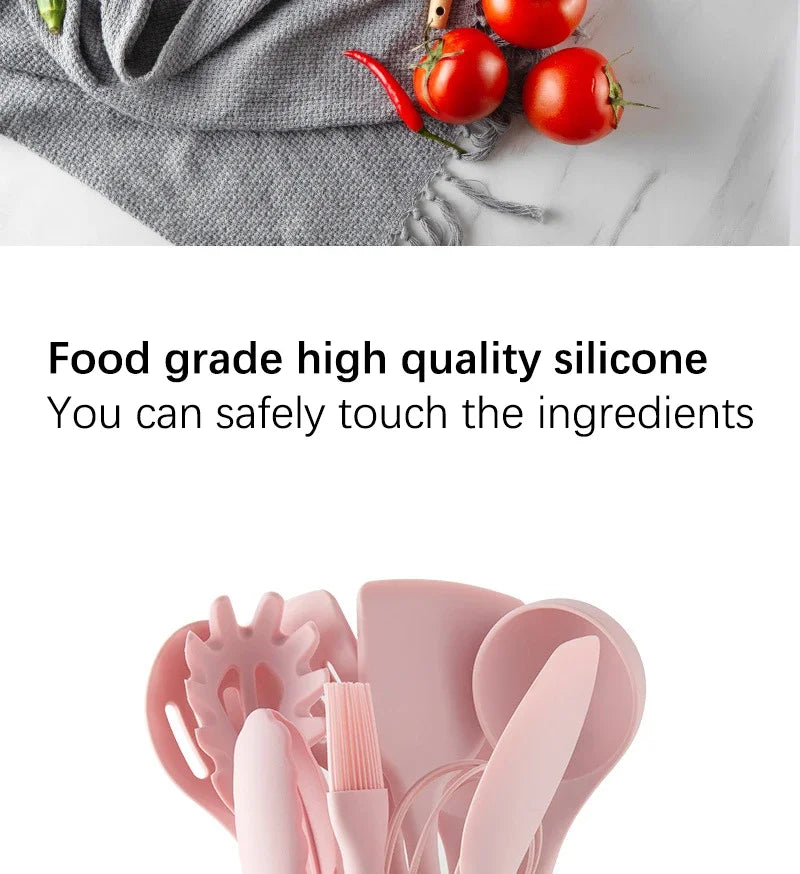 Pink Cooking Kitchenware Tool Silicone Utensils With Wooden Multifunction Handle Non-Stick Spatula Ladle Egg Beaters Shovel