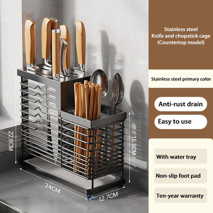 Kitchen Knife Holders Storage Rack Household Stainless Stee Countertop Knife Spoon Chopstick Holder With Drain Tray