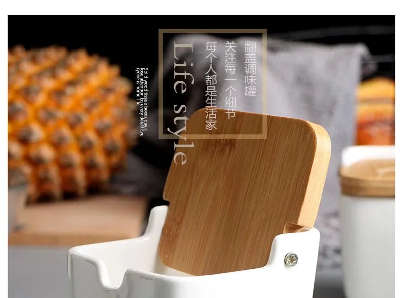 Kitchen Spice Rack Ceramic Wooden Lid Bamboo Tray Base Seasoning Pot Tool Porcelain Storage Container Set Convenient Salt Pepper