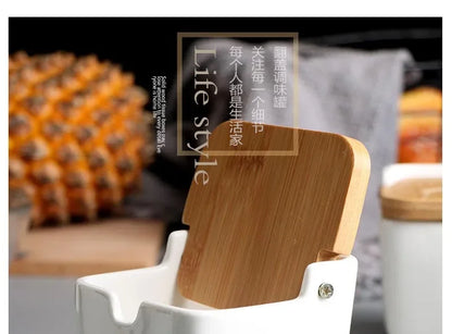 Kitchen Spice Rack Ceramic Wooden Lid Bamboo Tray Base Seasoning Pot Tool Porcelain Storage Container Set Convenient Salt Pepper