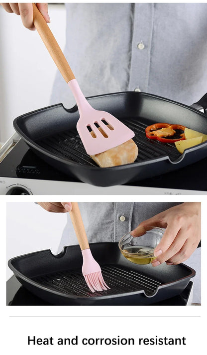 Pink Cooking Kitchenware Tool Silicone Utensils With Wooden Multifunction Handle Non-Stick Spatula Ladle Egg Beaters Shovel