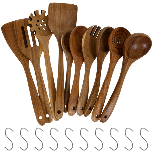 10Pcs Wooden Kitchen Utensils Set Frying Spatula Solid Wood High Temperature Resistant Soup Spoon Non-stick Stir-Fry Shovel