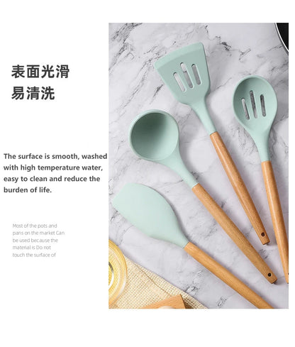 12PCS Silicone Kitchenware Non-Stick Cookware Kitchen Utensils Set Spatula Shovel Egg Beaters Wooden Handle Cooking Tool Set Hot