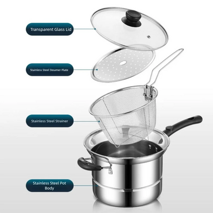 Kitchen Cookware Stainless Steel Deep Fryer Pot with Frying Basket and Steamer Japanese Pasta Pot Visible Lid Stockpot Noodle