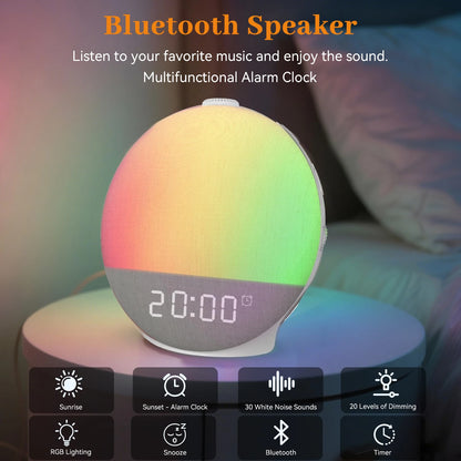 Sunrise Wake-Up Alarm Clock with Sound Machine – White Noise, Bluetooth Speaker, 30 Sleep Sounds for Heavy Sleepers
