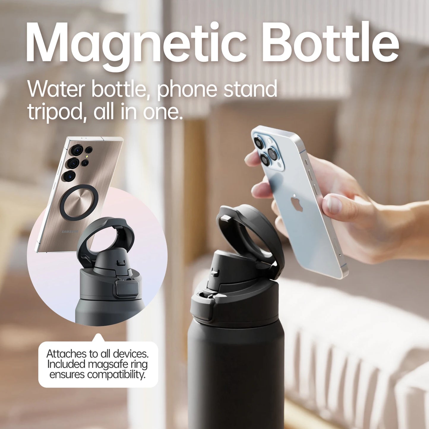 FEIJIAN Magnetic Water Bottle with Phone Holder - Insulated Stainless Steel Sports Thermos