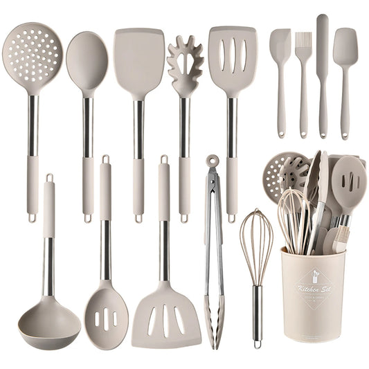 15pcs Silicone Kitchenware Set Stainless Steel Handle Cooking Utensils Spatula Spoon Food Clip Kitchen Tool with Storage Bucket