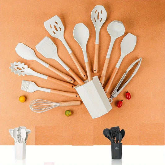 1Set of Silicone Kitchen Utensils with Wooden Handles,equipped with Storage Buckets for Easy Storage and A Cleaner Kitchen
