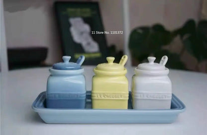 European Style Kitchen Spice Organizer Creative Ceramic Spice Jar with Spoon Gift Box Set Jam Storage Jar with Lid   Spice Rack