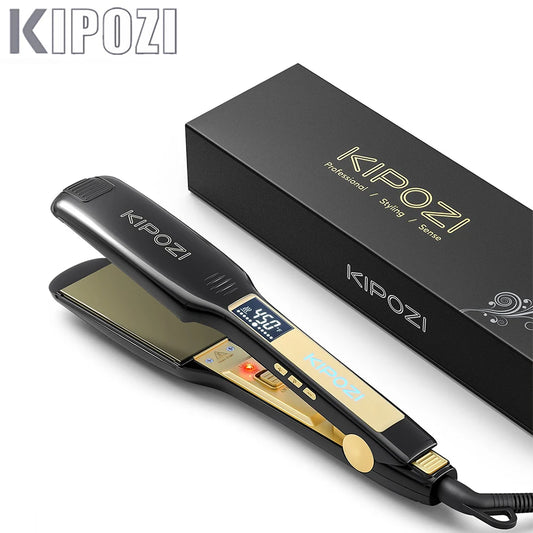 KIPOZI Professional Titanium Flat Iron Hair Straightener – Digital LCD Display, Dual Voltage, Instant Heating