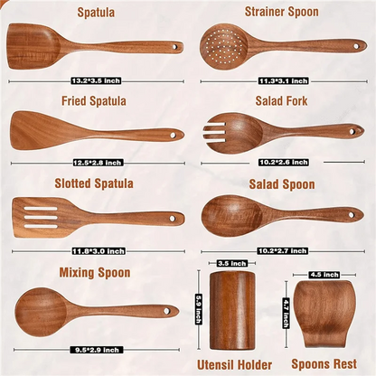 9 PCS Natural Wooden Spoons For Cooking Wooden Utensils For Cooking With Utensil Holder Teak Wooden Kitchen Utensils Setabkw