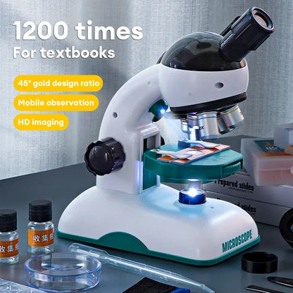 Kids Microscope Science Kit 200X 600X 1200X | LED Biological Experiment Lab with Slides
