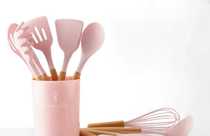 Pink Cooking Kitchenware Tool Silicone Utensils With Wooden Multifunction Handle Non-Stick Spatula Ladle Egg Beaters Shovel
