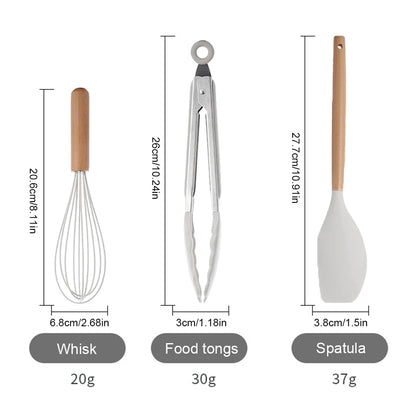 12Pcs Kitchen Utensil Set Silicone Spatula Set Wooden Handle Heat-Resistant Cookware Spatula Spoon Brush Whisk for Home Kitchen