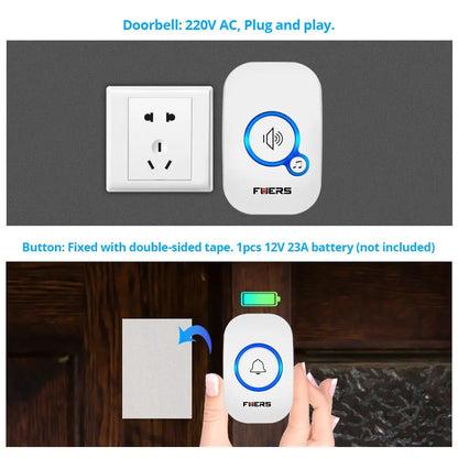 Fuers Wireless Doorbell – Waterproof Smart Chime with 32 Tunes, Battery-Powered for Home, Store & Hotel