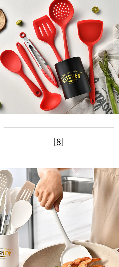 6PCS Silicone Kitchenware Non-Stick Cookware Kitchen Utensils Set Spatula Shovel Spoon Cooking Tool Set Withl Storage Bucket Too