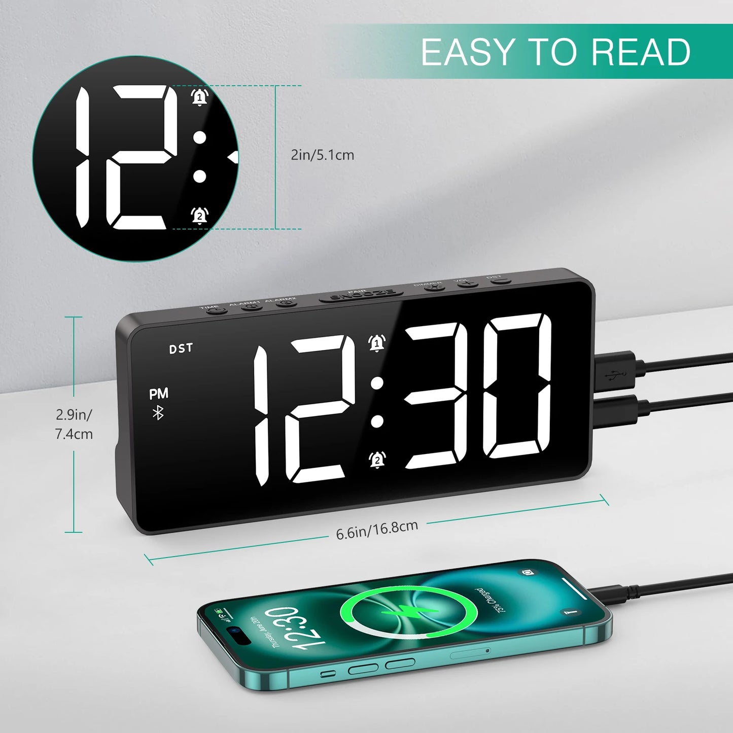 ORIA 7″ LED Digital Alarm Clock with Bluetooth – Auto Time Sync Bedside Clock for Home & Office