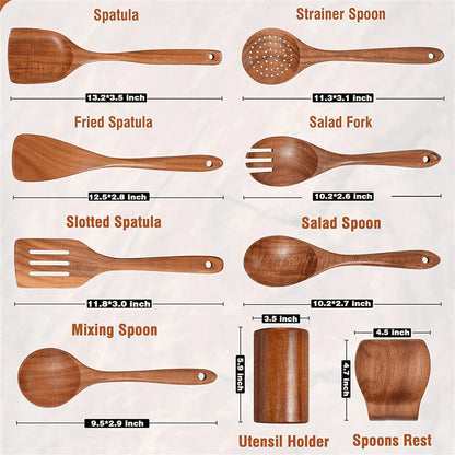 9pcs Natural Wood Kitchenware Set Skimmer Spoons Salad Scoop Kitchen Utensils Non Stick Rice Colander Soup Cooking Tools