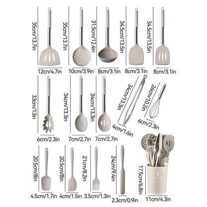 15Pcs Silicone Kitchen Utensils Non-Stick Spatula Shovel Cooking Tool Stainless Sttel Handle Kitchenware Set with Storage Bucket