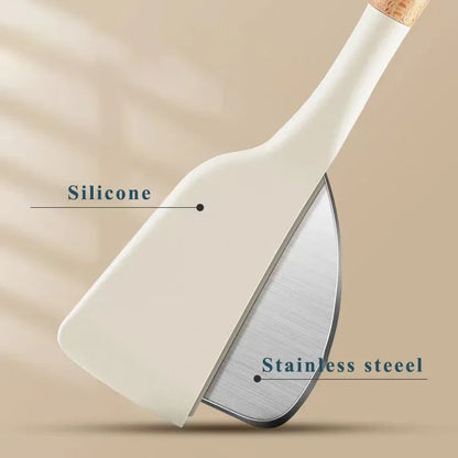 3PCS Set of Kitchen Utensils Wooden Handle Silicone Cooking Utensils Non Stick Shovel Cooking Utensils Rice Scoop Baking Tools