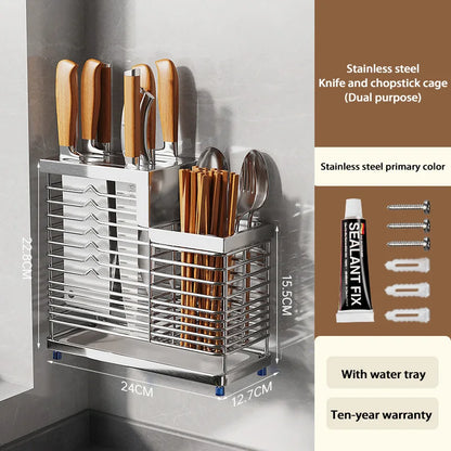 Kitchen Knife Holders Storage Rack Household Stainless Stee Countertop Knife Spoon Chopstick Holder With Drain Tray