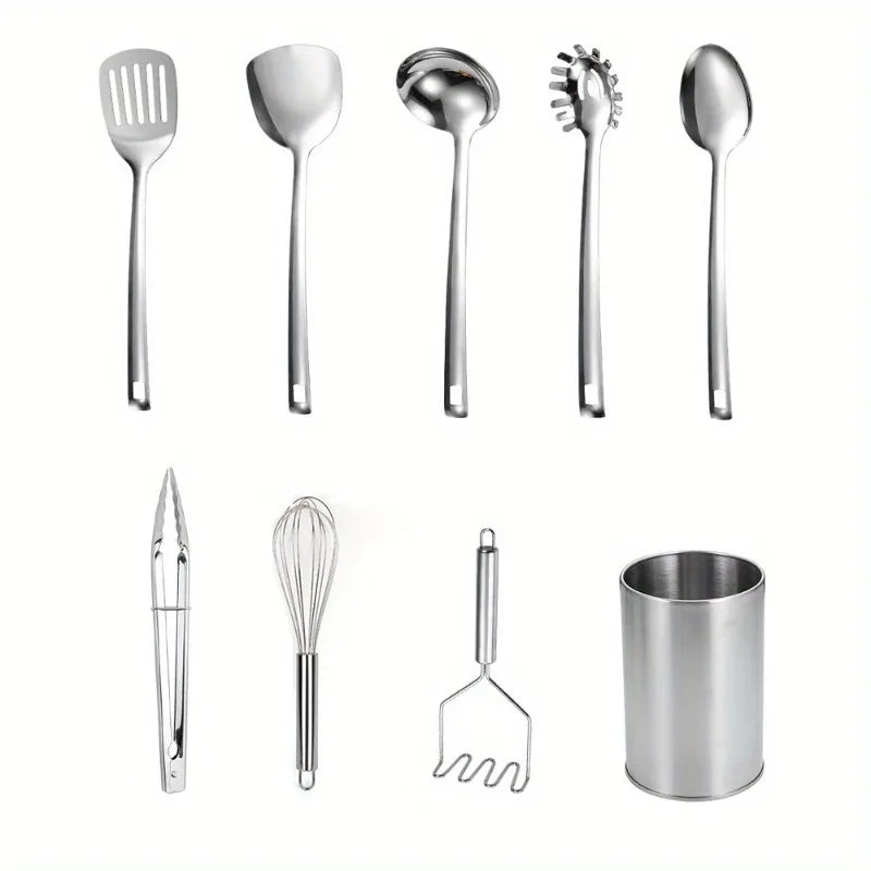 Stainless Steel Kitchen Set - 9 Piece Turning Knife, Spaghetti Spoon, Ladle, Spoon, Whisk, Tongs, Potato Mash and Tool Holder