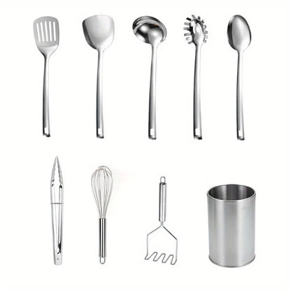 Stainless Steel Kitchen Set - 9 Piece Turning Knife, Spaghetti Spoon, Ladle, Spoon, Whisk, Tongs, Potato Mash and Tool Holder