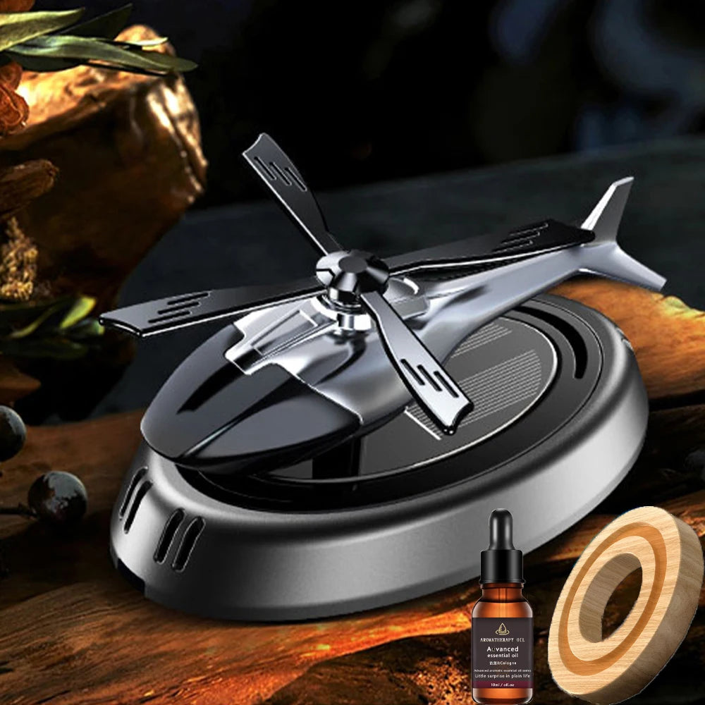Solar-Powered Rotating Helicopter Car Air Freshener – Alloy & ABS Wooden Aromatherapy Diffuser