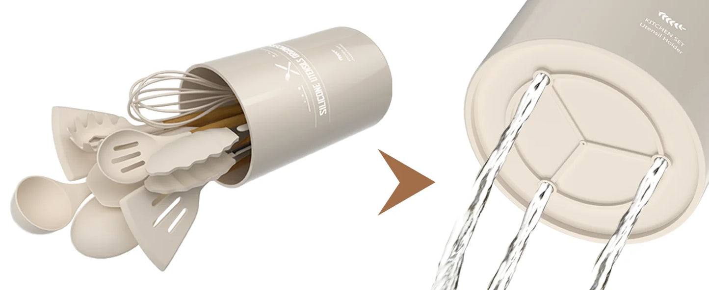 Silicone Kitchen Cooking Utensils Set Non-Stick Spoon Kit With Holder Wooden Handle Scoop Spatula Gadgets Ladle Colander Set