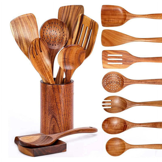 9pcs Natural Wood Kitchenware Set Skimmer Spoons Salad Scoop Kitchen Utensils Non Stick Rice Colander Soup Cooking Tools
