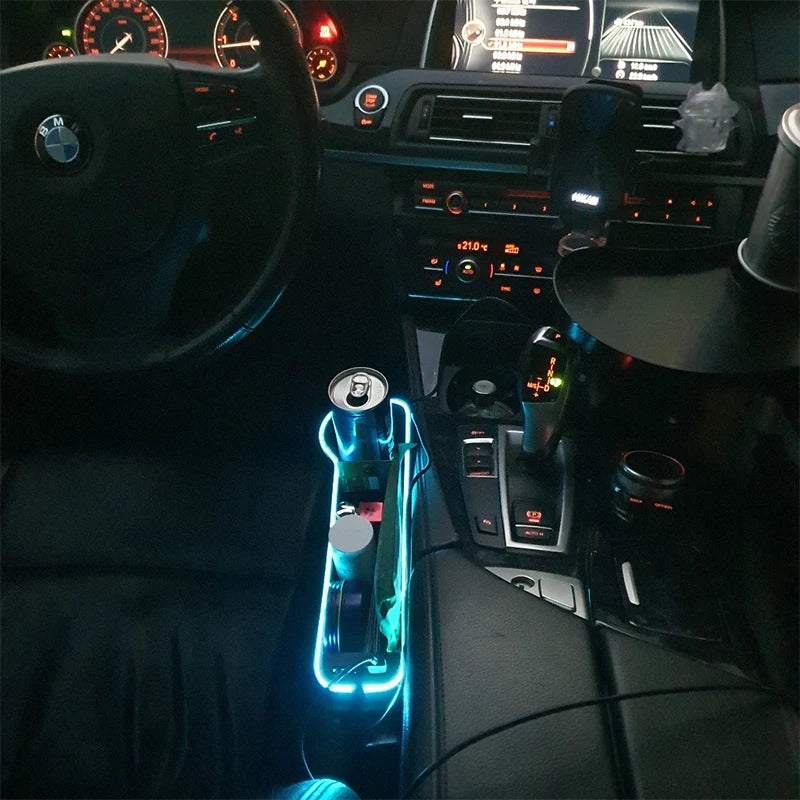 LED Car Seat Gap Organizer with 2 USB Chargers | Storage Box & Cup Holder