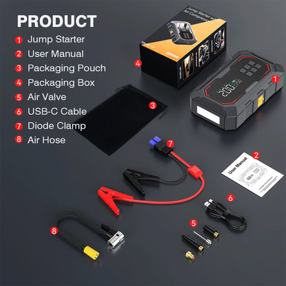Portable Car Jump Starter with Air Compressor - 150PSI Tire Inflator, 2000A Peak Power Bank & Emergency Light