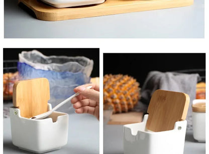 Kitchen Spice Rack Ceramic Wooden Lid Bamboo Tray Base Seasoning Pot Tool Porcelain Storage Container Set Convenient Salt Pepper