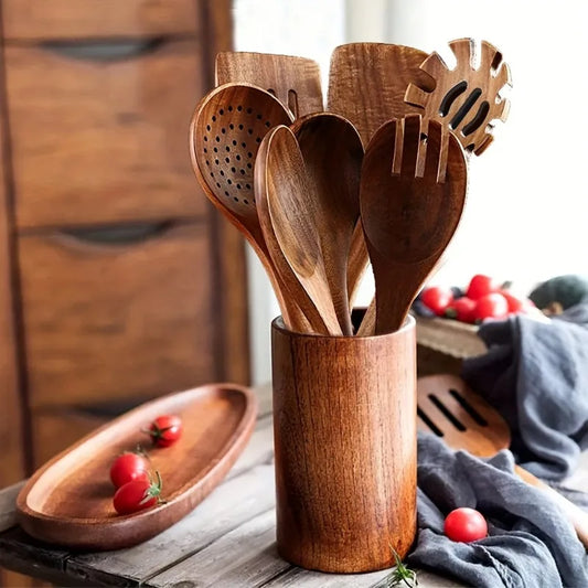 8pcs Cooking Utensils Set Premium Wooden Heat Resistant Non stick Pan Kitchen Cooking Tool Shovel Spoon Fork Kitchen Accessories