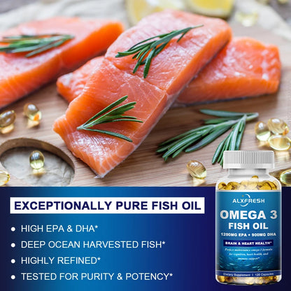 Omega-3 Fish Oil Softgels – 3600mg with High EPA 1300mg & DHA 900mg, Non-GMO, Gluten-Free