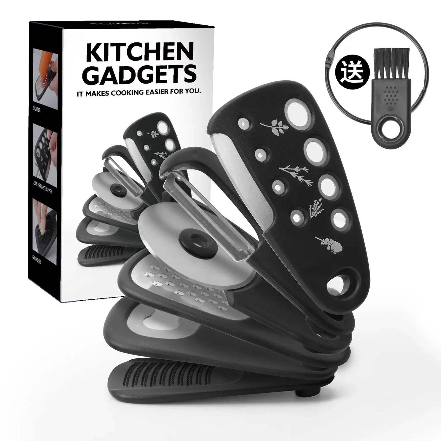 6Pcs Kitchen Gadgets Set Space Saving Cooking Tools Cheese Chocolate Grater, Fruit Vegetable Peeler, Bottle Opener, Pizza Cutter