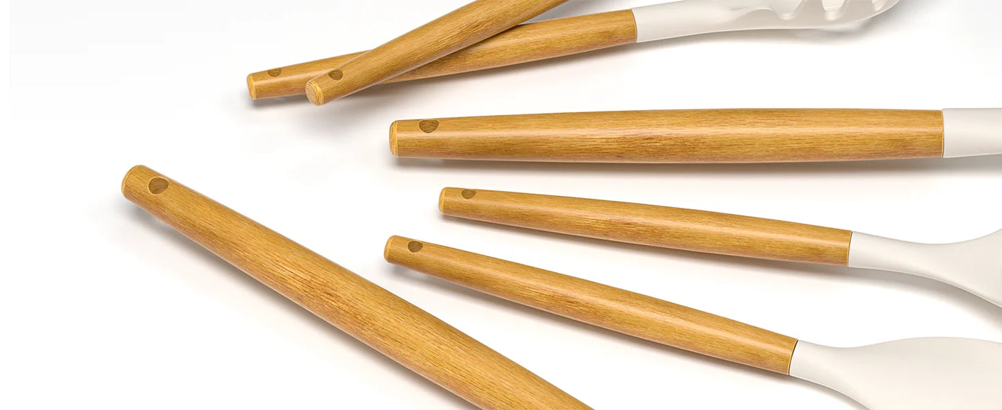 Silicone Kitchen Cooking Utensils Set Non-Stick Spoon Kit With Holder Wooden Handle Scoop Spatula Gadgets Ladle Colander Set