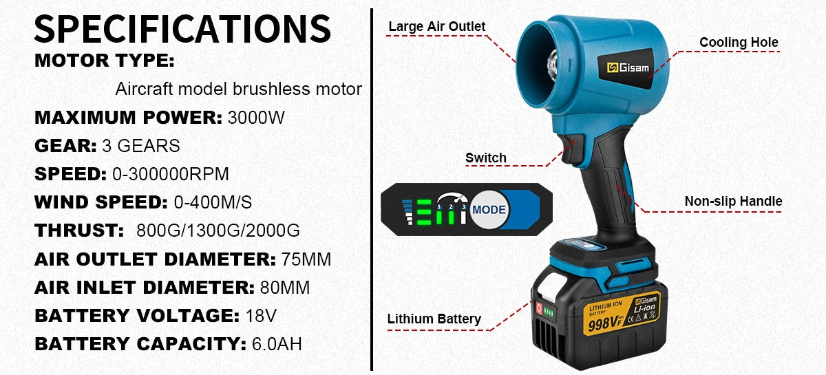 Gisam 300000RPM Brushless Electric Turbo Blower Jet Fan – 400m/s Handheld Air Blower for Dust Cleaning & Leaf Blowing, Compatible with Makita 18V Battery