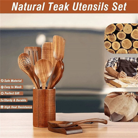 9 PCS Natural Wooden Spoons For Cooking Wooden Utensils For Cooking With Utensil Holder Teak Wooden Kitchen Utensils Setabkw
