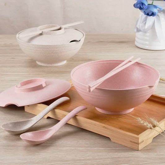 Household Tableware Set for instant food - 3pcs Wheat Straw Bowl, instant noodles bowl With Lid, Spoons and Chopsticks