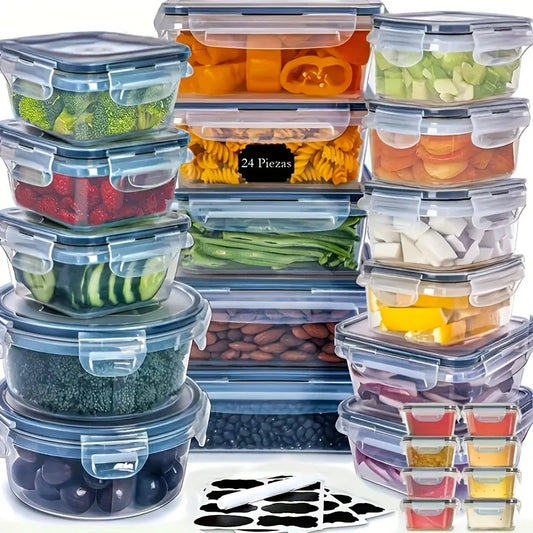 12/24 Clear Kitchen Food Storage Container Set - Microwave Safe, Multifunctional Plastic Lunch Box with Lid + 24 Chalkboard Labe