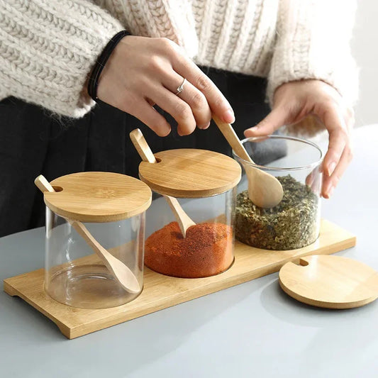 Kitchen Glass Condiment Jars Set Clear Spice Salt Container with Tray Coffee Beans Organizer Bottle Dust-Proof Seasoning Bottle