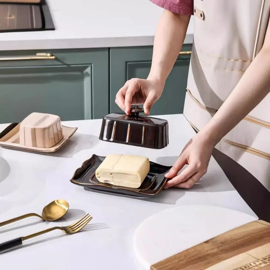 European Kitchen Utensils Ceramic Butter Dish Exquisite Rectangular Dim Sum Dish Household with Cover Storage Tray Hotel