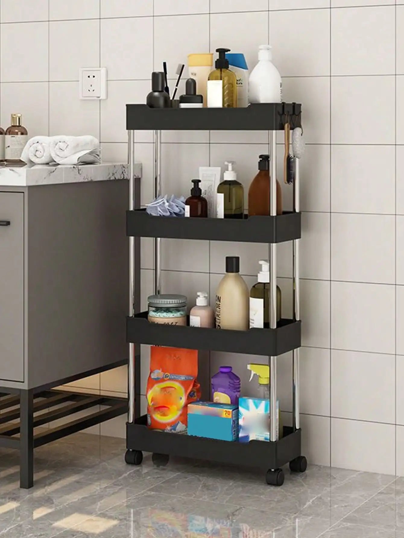 1pcs 3/4-Tier Rolling Utility Cart – Slim Movable Storage Rack & Organizer Shelf for Kitchen, Bathroom, Living Room