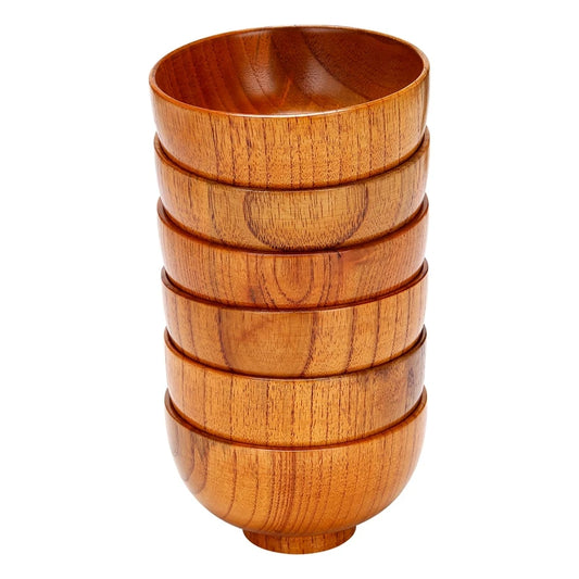 6 Pcs Wood Bowls Serving Tableware For Rice, Soup, Dip, Coffee, Tea, Decoration Wooden Salad Bowl Kitchen Cutlery Set