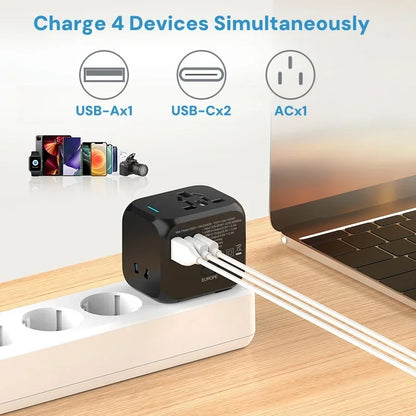 Universal Travel Adapter | EU UK USA Plug Converter with USB-C Charger
