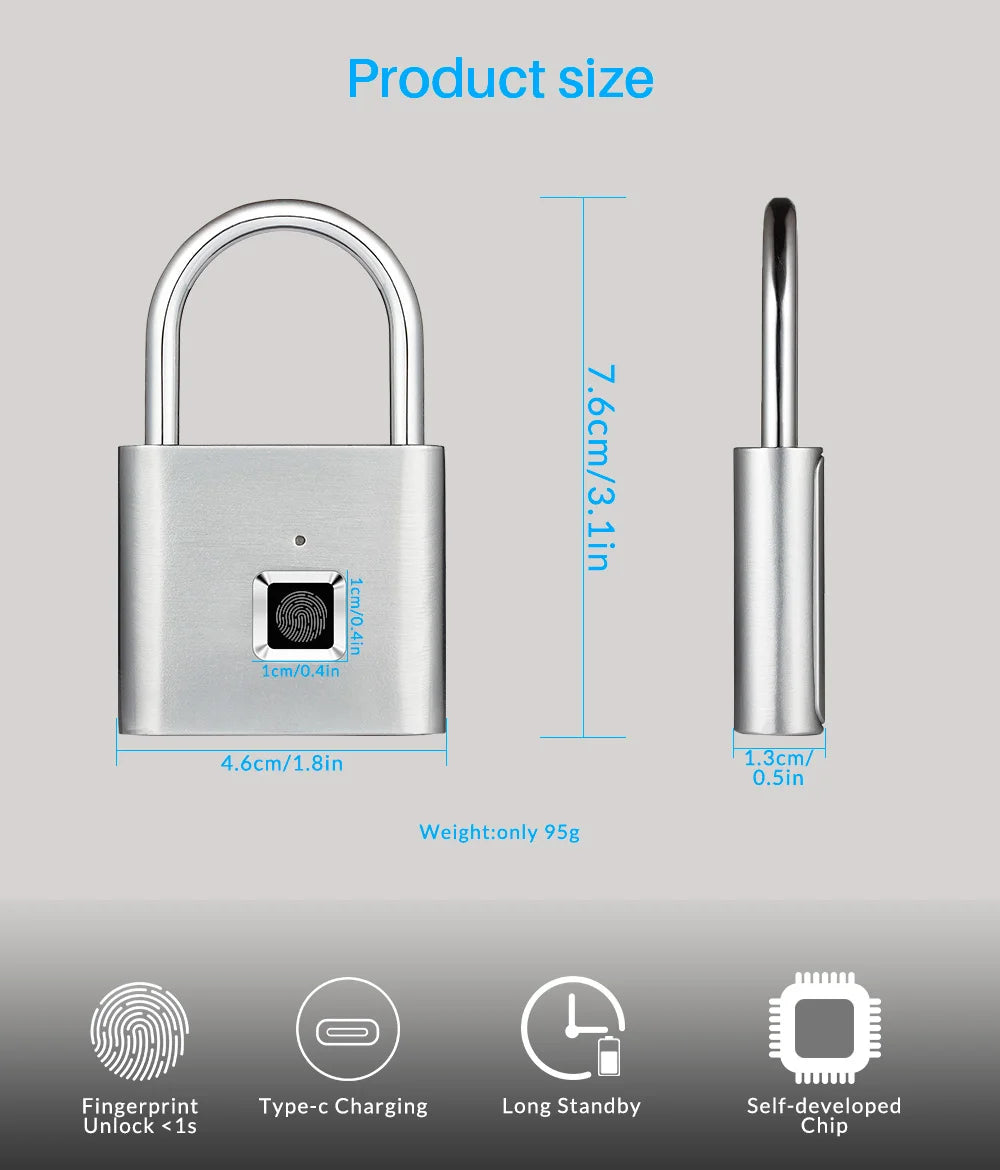 KERUI Smart Fingerprint Padlock Waterproof Fingerprint Keyless Door Lock Type C Rechargeable Security Padlock for House