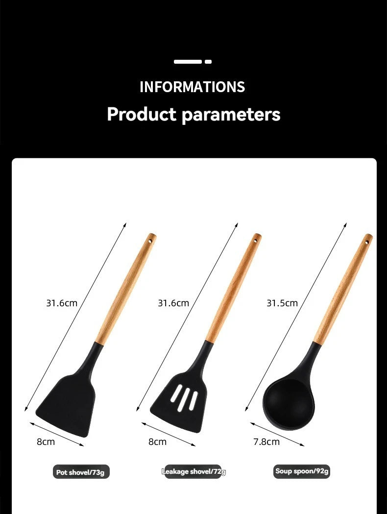 Kitchen Tools Set Wooden Handle Nonstick Pan Food Grade Cooking Silicone Storage Kit Stir Fry Baking Kitchen Set