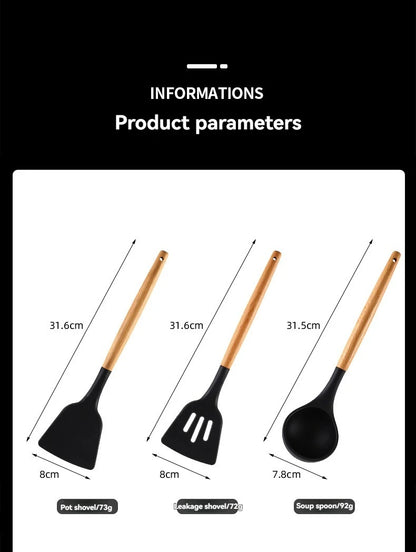 Kitchen Tools Set Wooden Handle Nonstick Pan Food Grade Cooking Silicone Storage Kit Stir Fry Baking Kitchen Set